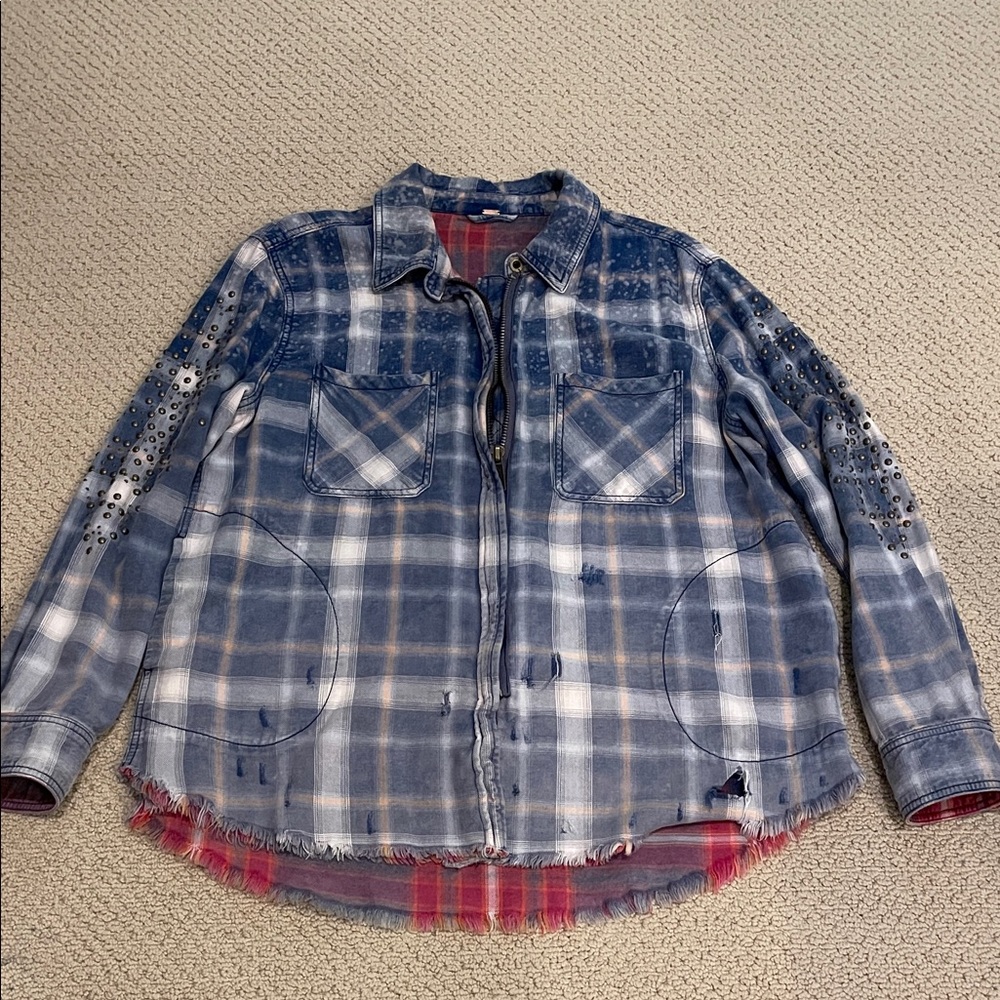 Free People Blue Plaid Jean Jacket